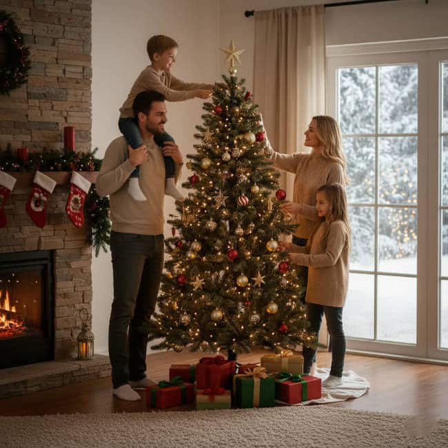 Famille devant un sapin Nordmann décoré, livré par Mon Arbre de Noël