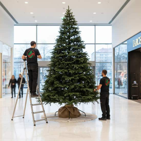Installation d'un sapin de grande taille dans un centre commercial