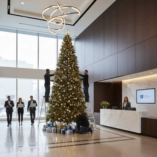 Installation d'un sapin de Noël dans le hall d'une entreprise à La Défense