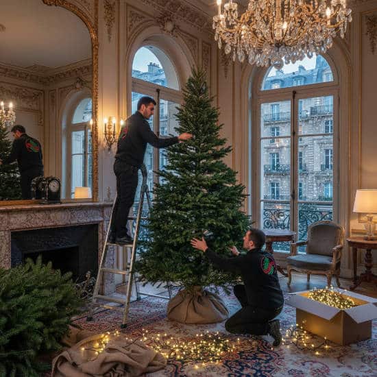 Installation d'un sapin dans le salon privé d'un hôtel parisien