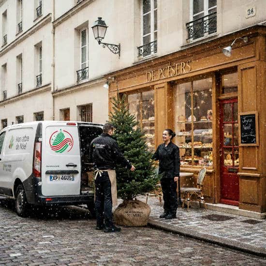Livraison d'un sapin Nordmann dans un commerce à Paris