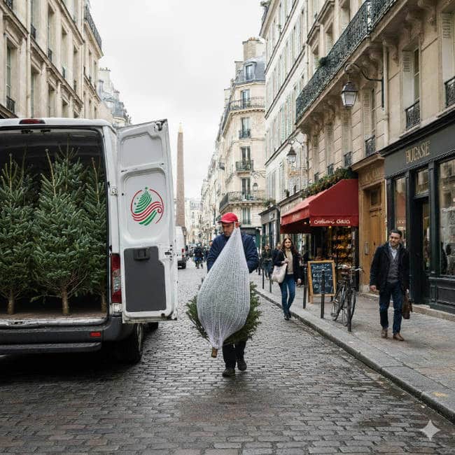 Livraison d’un sapin de Noël dans une rue de Paris