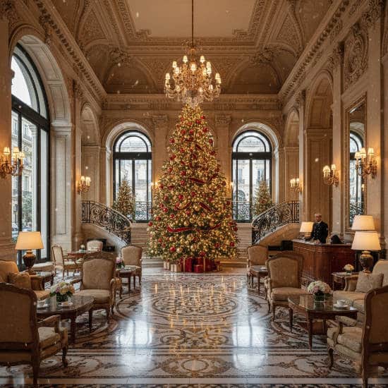 Sapin de Noël dans le lobby d'un hôtel de luxe à Paris