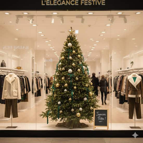 Sapin de Noël dans la vitrine d'un commerce de vêtements du centre commercial Vélizy 2, Yvelines