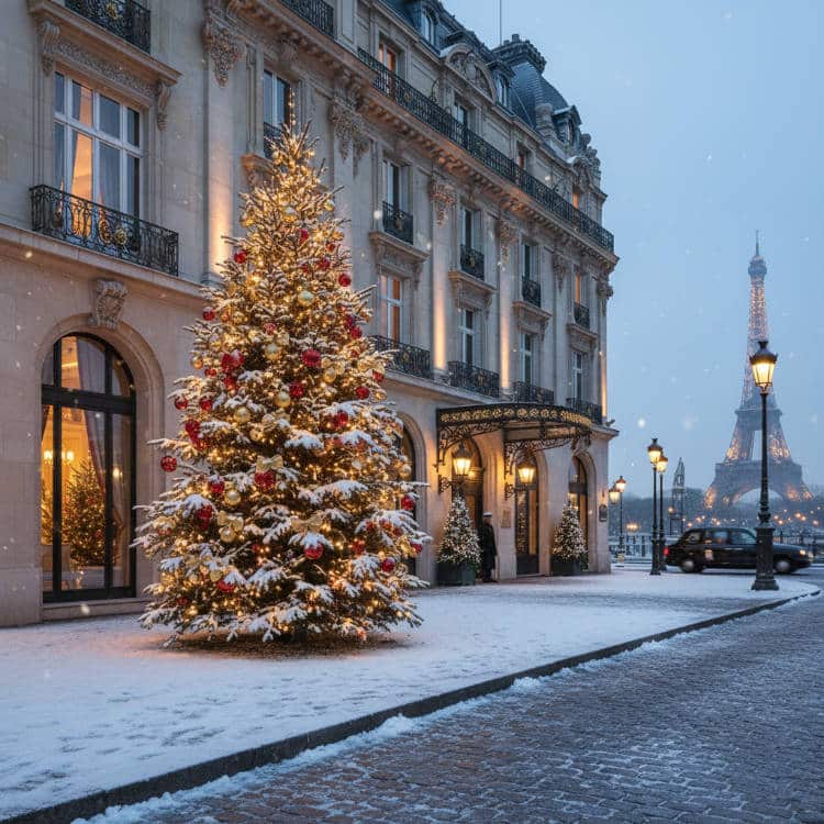 Sapin de Noël installé devant un hôtel à Paris