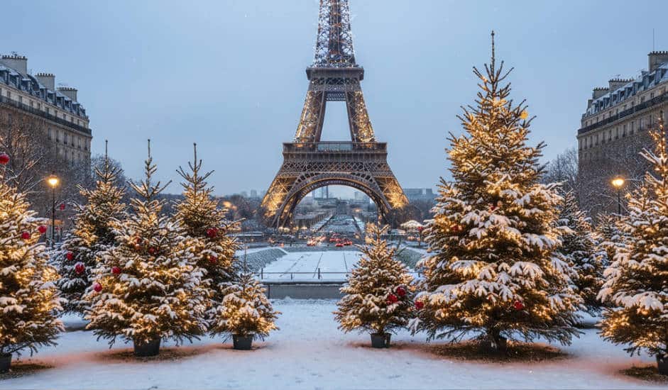 sapins de noel décorés devant la tour effeil à paris