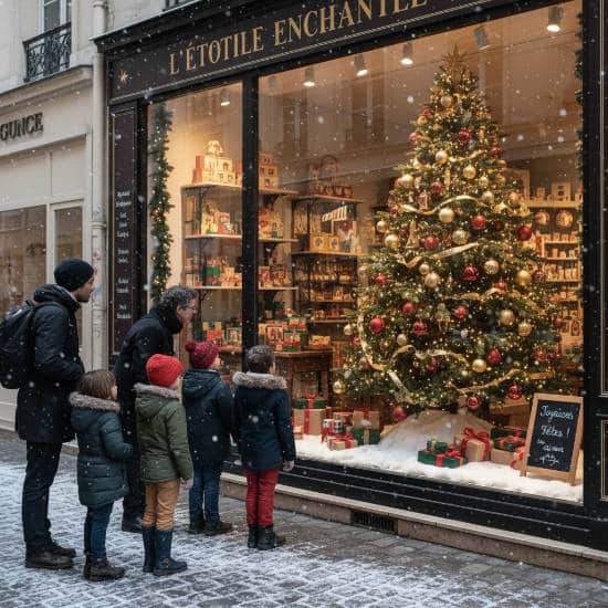 Vitrine de Noël avec un sapin dans un magasin de jouets rue Mouffetard, Paris 5e